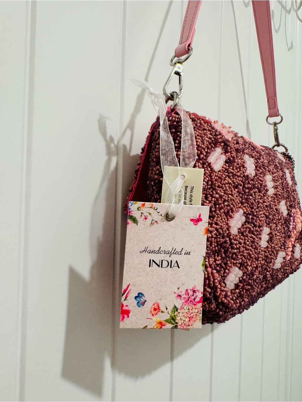 NWT Handmade in India Pink Floral Beaded Shoulder Bag with Detachable Charm - Picture 7 of 16